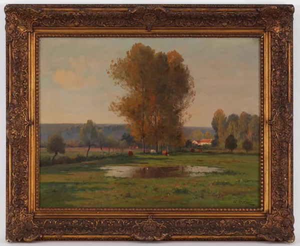Adolphe Morin — Paysage de campagne, vaches au pâturage,
