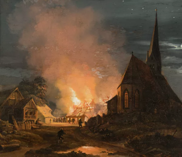 Heinrich Bürkel — Nächtliches Feuer neben der Kirche in Ramsau