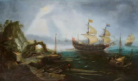 Cornelis Claesz van Wieringen — Küstenlandschaft mit ankerndem Kriegsschiff