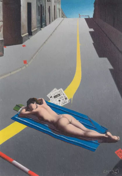 José Manuel Capuletti — Surrealistische Komposition: sich sonnende Frau auf der Strasse