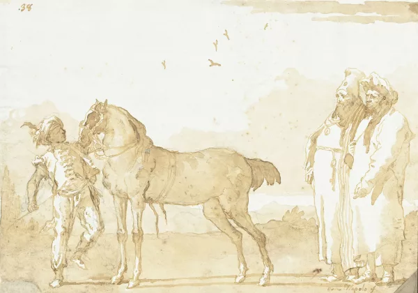 Giandomenico Tiepolo — Cheval à l'arrêt tenu par un palefrenier, deux orientaux à droite