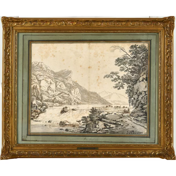 Jan Hackaert — Landschaft mit Wasserfall.