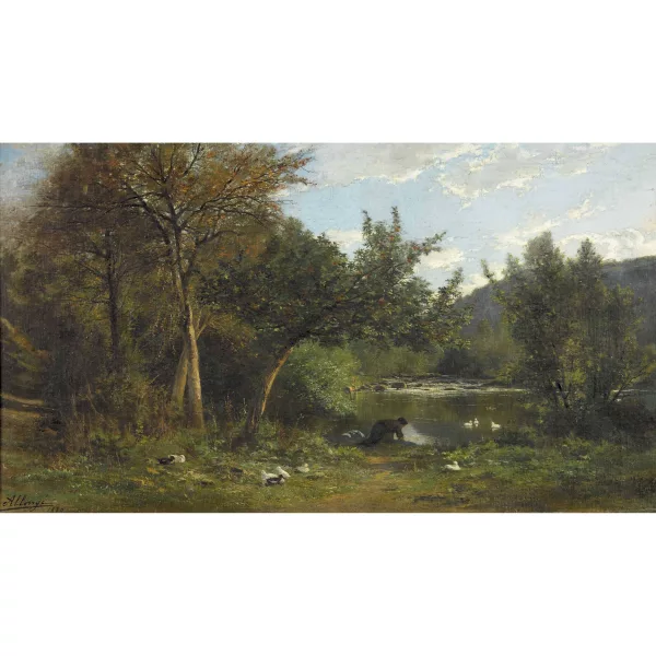 Auguste Allongé — Wäscherin und Enten am sommerlichen Ufer.