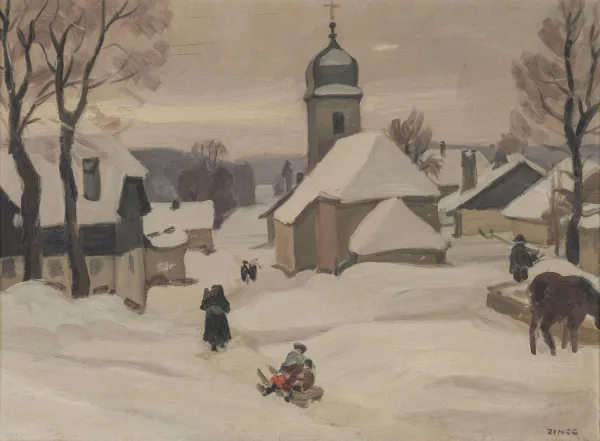 Jules-Émile Zingg — Village en hiver avec des enfants sur une luge