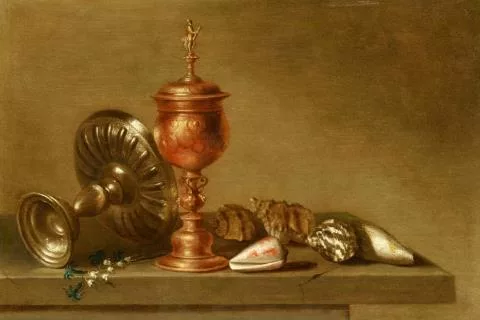 Maerten Boelema de Stomme — Vanitas-Stillleben mit Pokal, Tazza und Muscheln