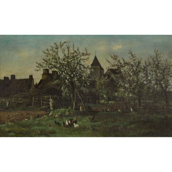 Auguste Durst — Ländliche Gartenpartie mit Hühnern.