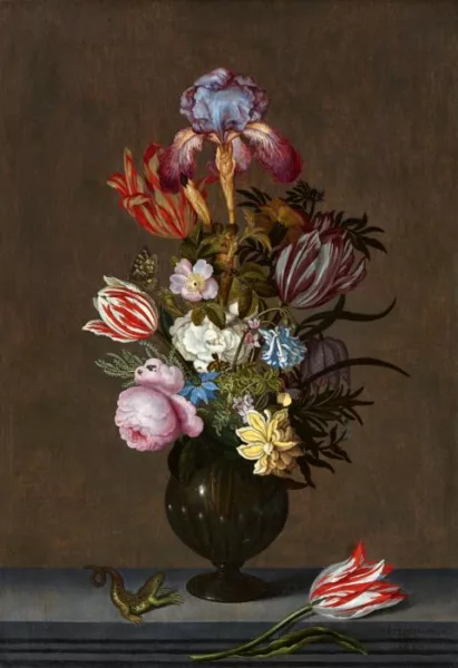 Johannes Bosschaert — Stillleben mit Blüten und Blättern, Schmetterling und Eidechse