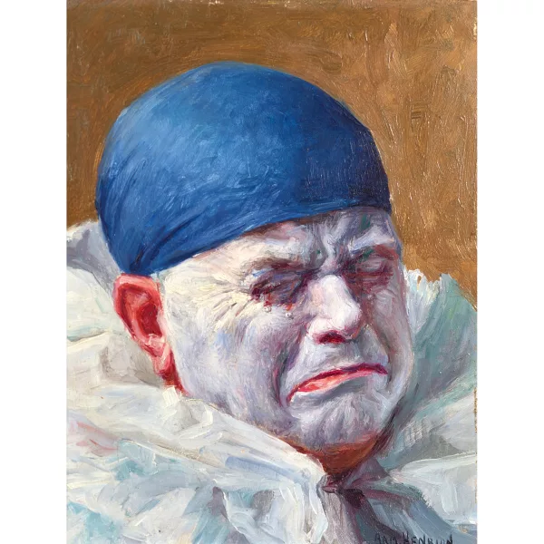 Armand Henrion — Clown en pleurs avec un bonnet bleu.
