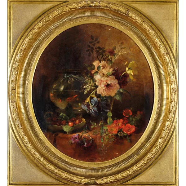 Anna Peters — Stillleben mit Blumen, Kirschen und Fischglas.
