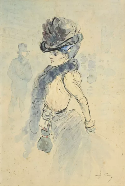 Henry Somm — Femme de profil au chapeau et boa