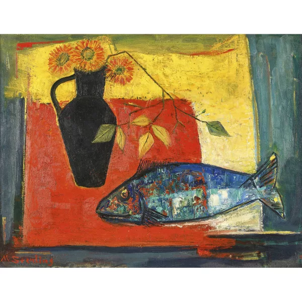 Marc Sterling — "Vase noir et poisson bleu sur table rouge".