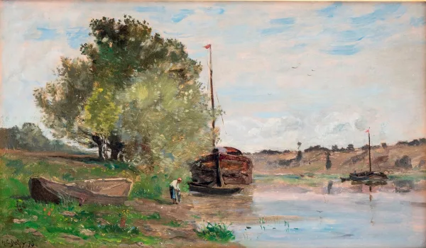 Hippolyte-Camille Delpy — Paysage de campagne animé, lavandière au bord de la rivière et bateaux,