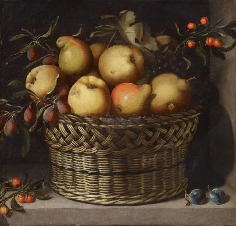 Juan van der Hamen — Äpfel, Quitten, Pflaumen und Kirschen in einem Weidenkorb
