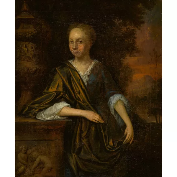 Dionys van Nijmegen — Porträt einer jungen Frau vor Landschaftskulisse.