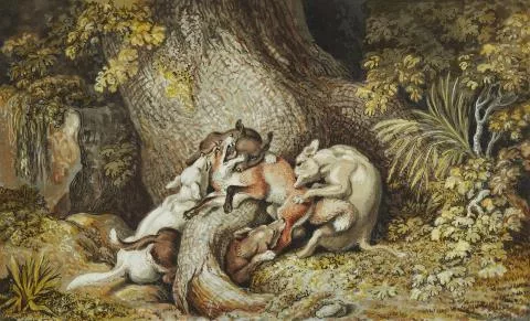 Johann Heinrich Wilhelm Tischbein — Hunde bekämpfen einen Fuchs an einem Baumstamm