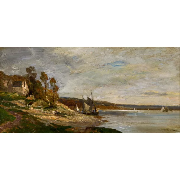 Jules Charles Rozier — Uferlandschaft mit Segelschiffen.