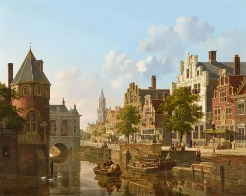 Jan Hendrik Verheijen — Geschäftiges Treiben auf einem Kanal in einer holländischen Stadt