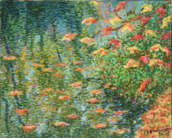 Serge Mendjisky — Fleurs rouges au bord d'un étang