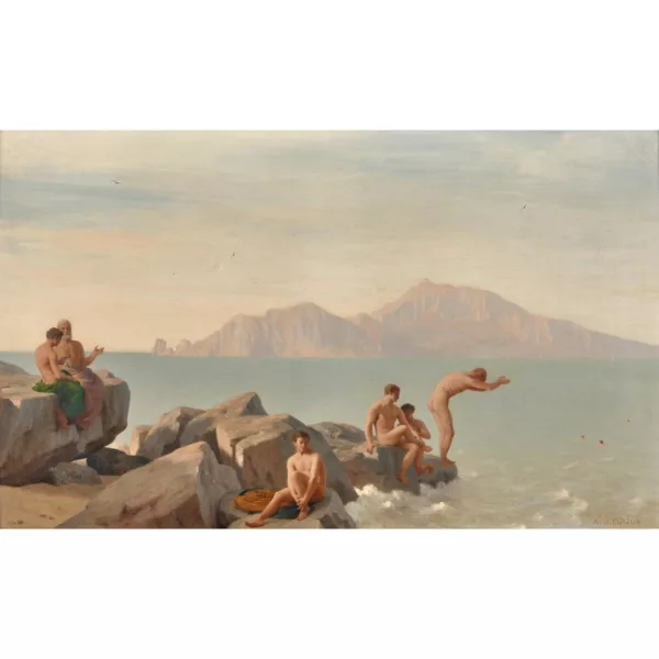 Alfred de Curzon — Baigneurs à la côte rocheuse, vue sur Capri.