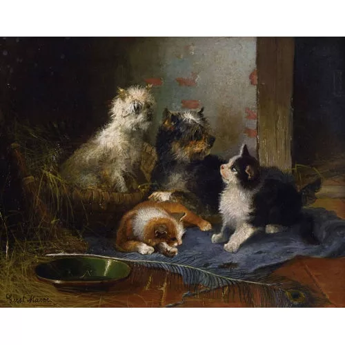 Gustav Majer — Un chat et un chien avec une plume de paon