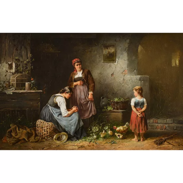 Anton Seitz — Intérieur avec paysannes, jeunes filles, poules et poussins