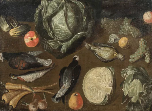 Albrecht Kauw — Still Life with Birds and Cabbage
