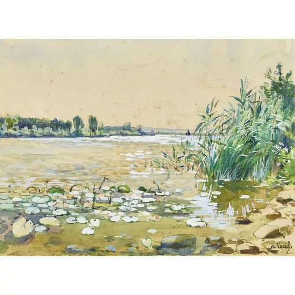 Alexandre Nozal — Uferlandschaft mit Seerosen.