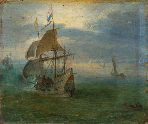 Jan Brueghel il Vecchio — Belebte Wasserlandschaft mit Kriegsschiff unter Segeln