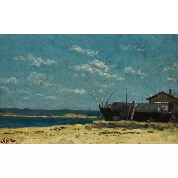 Adolphe Appian — Strandpartie mit Boot und Haus.