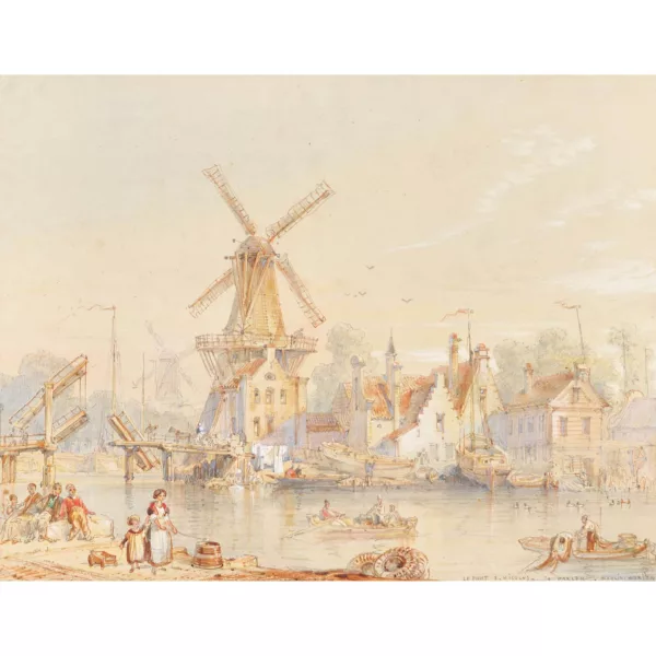 Adolphe Rouargue — Attribué à ADOLPHE ROUARGUE — "Le Pont S. Nicolas à Harlem, Moulin Adrien".