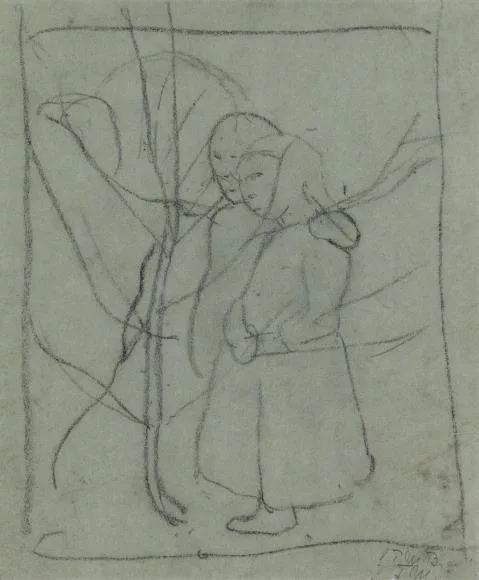 Paula Modersohn-Becker — Zwei Mädchen hinter kahlem Baum. Verso: Mädchenporträt (angeschnitten)