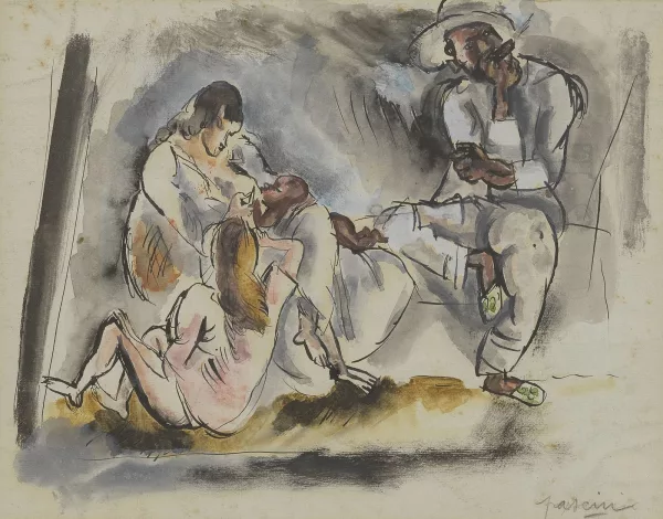 Jules Pascin — Femme allaitant et deux personnages (Cuba 1916)
