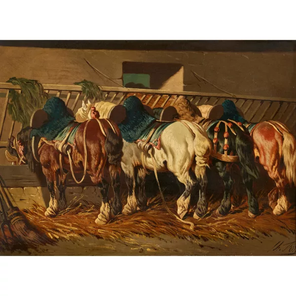 Théodore Fort — Chevaux sellés à l'écurie.