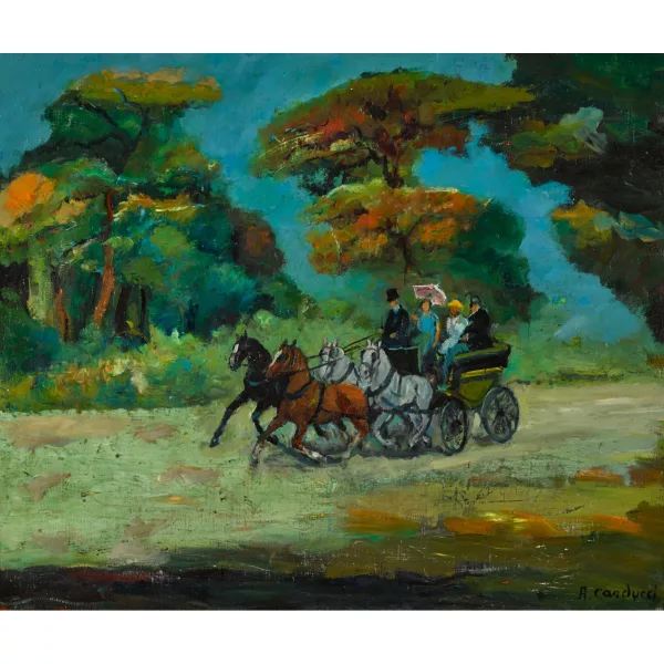 Adolfo Carducci — Promenade en calèche en été avec chevaux gris, alezan et noir