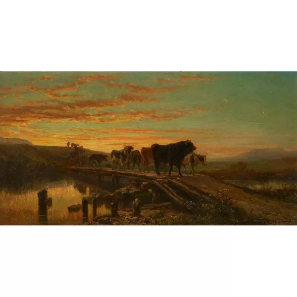 Pierre-Alexandre Jeanniot — Viehherde auf Holzbrücke im Abendlicht.
