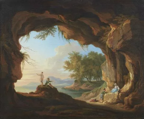 Adolf Friedrich Harper — Blick aus einer Höhle auf eine abendliche Küstenlandschaft