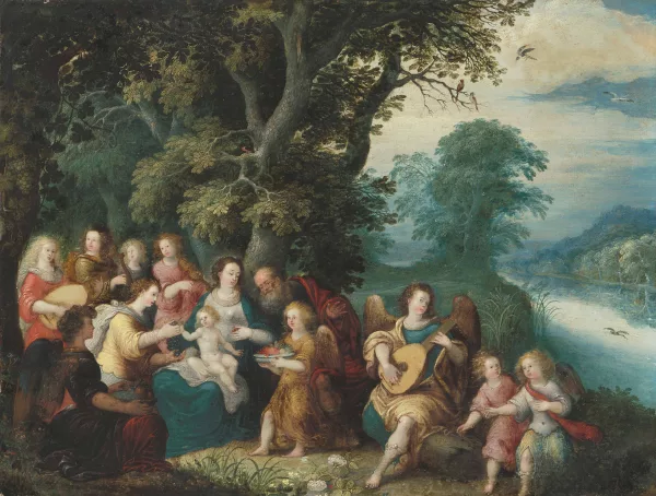 Abraham Govaerts — und Caullery, Louis de (Cambrai 1580–1621 Antwerpen) Heilige Familie mit musizierenden Engeln in einer Landschaft