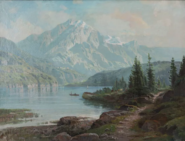 Joseph Million — Joseph MILLION (1861-1931), 'Paysage lacustre à la montagne'