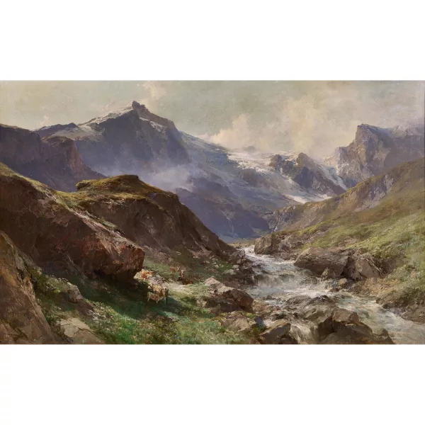 Edward Theodore Compton — Bergbach in den Hohen Tauern mit Kühen.