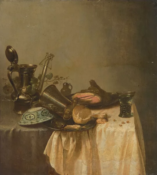 Adriaen Jansz. Kraen — Frühstücksstillleben mit Rembrandt-Krug, Schinken und Brötchen