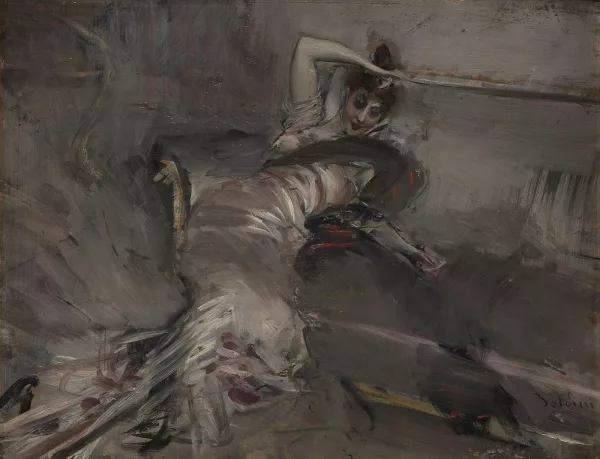 Giovanni Boldini — Femme en robe de bal sur le canapé