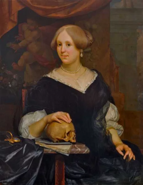 Godfried Schalken — Portrait of a noblewoman with a memento mori motif.