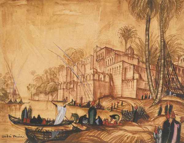 André Maire — Paysage animé au bord du Nil,