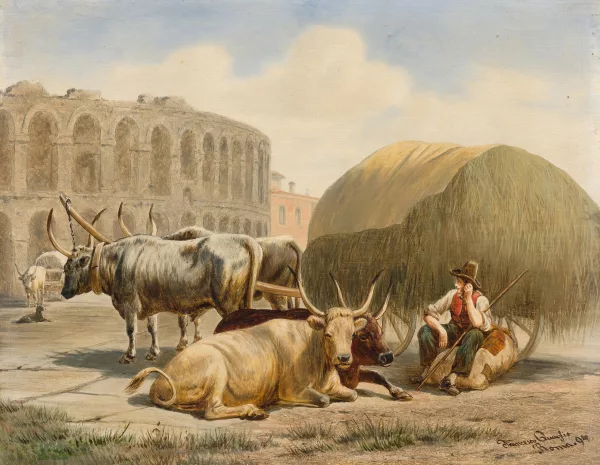 Franz Quaglio — Bovini maremmani a riposo davanti al Colosseo a Roma