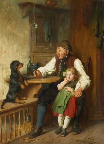 Felix Schlesinger — Intérieur rural avec grand-père, petite-fille et chien