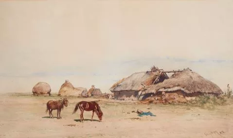 August von Pettenkofen — Pusztalandschaft mit Pferden