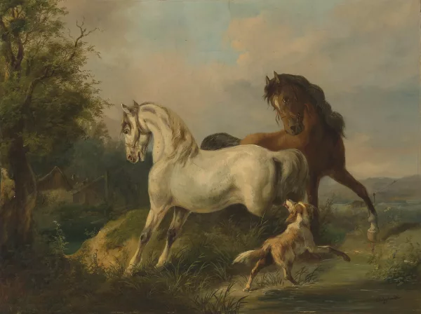 Josef Anton Strassgschwandtner — Zwei Pferde und ein Hund auf der Koppel