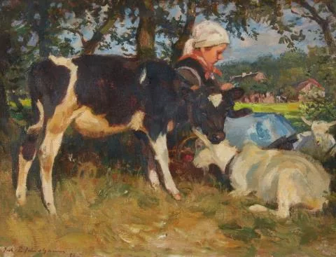 Julius Paul Junghanns — Junges Mädchen mit Kalb und Ziegen unter einem Baum