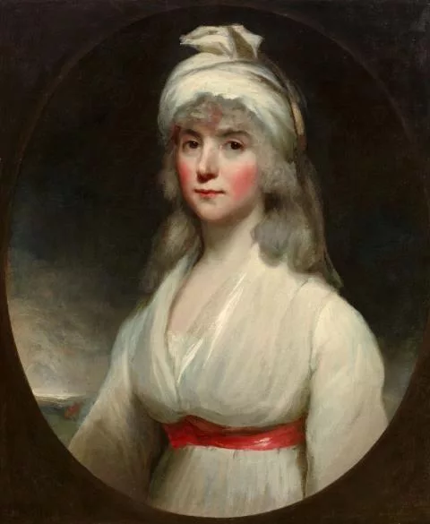 John Hoppner — Portrait der Ann Anguish in weißem Kleid mit roter Schärpe und weißem Turban