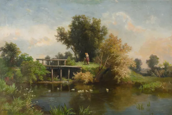 József Molnár — Mutter mit Kind über eine Schleuse gehend